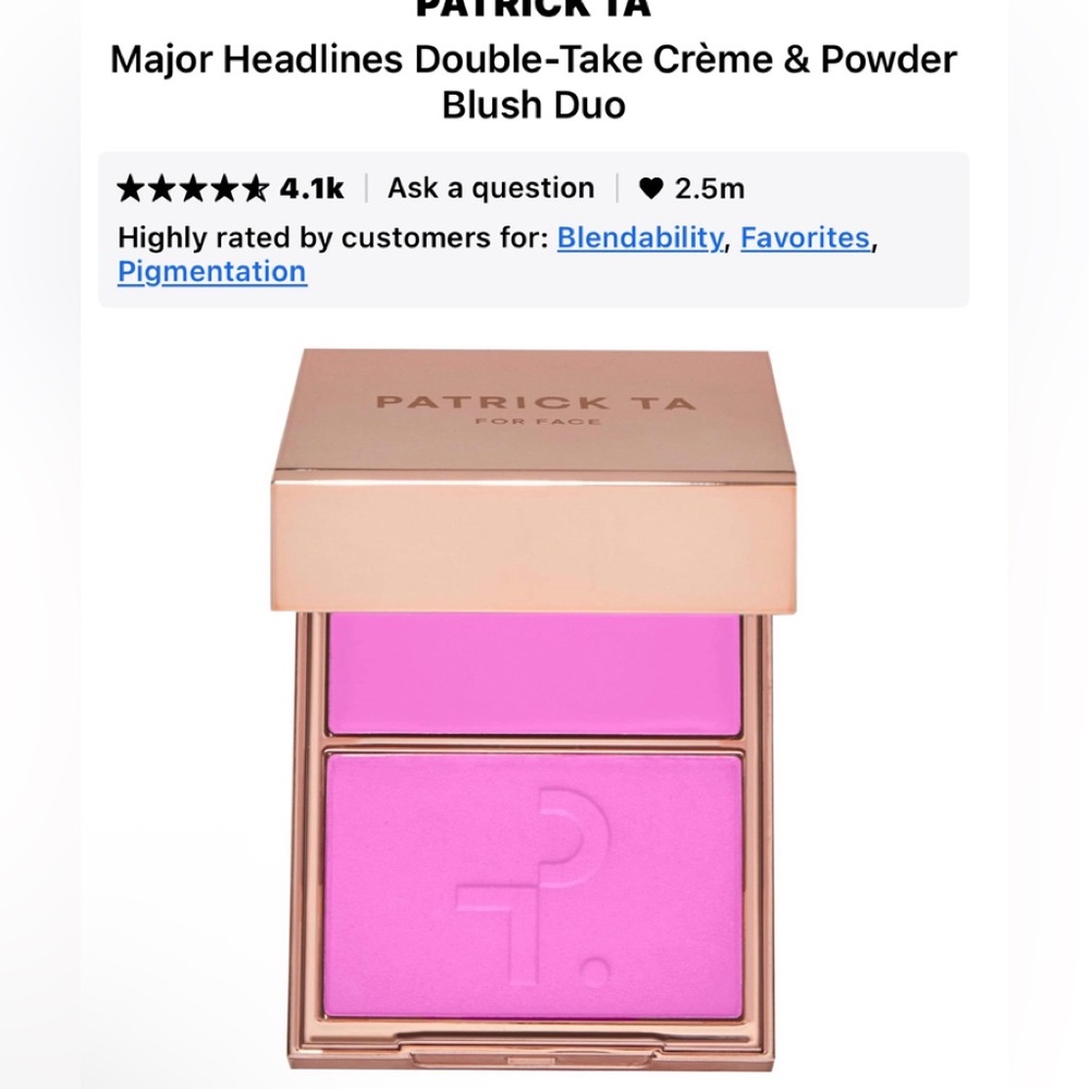 BNIB PATRICK TA
Major Headlines Double Crème & Powder
Blush Duo:THANK ME LATER